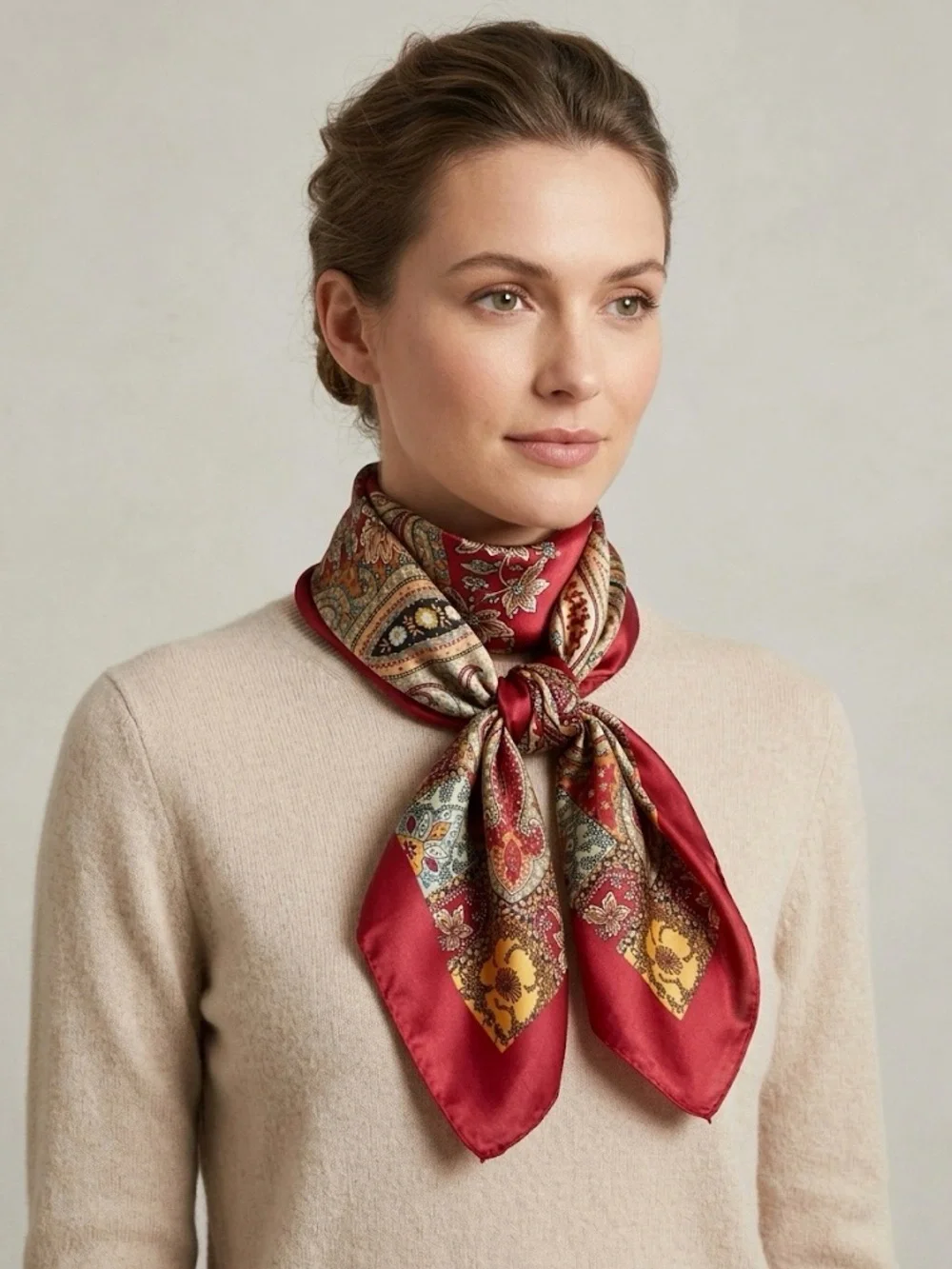 Boho Paisley Print Silky Satin Square Neck Scarf, Red Maroon Burgundy & Gold